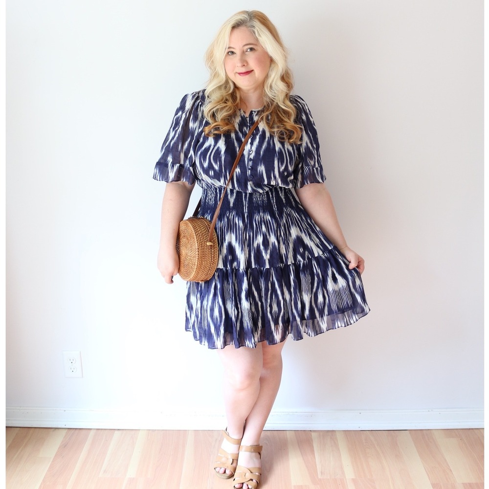 Rebecca Taylor Tie-Dye Ikat Print Smocked Mini Dress Indigo Blue Flutter Sleeve